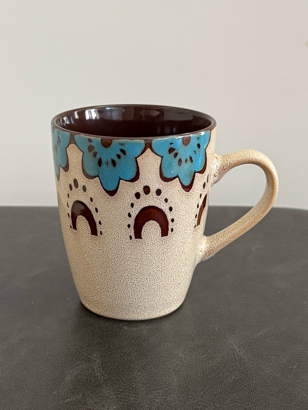 Cream  Clay Heart Stoneware Mug with Turquoise Floral Accent and Brown Interior